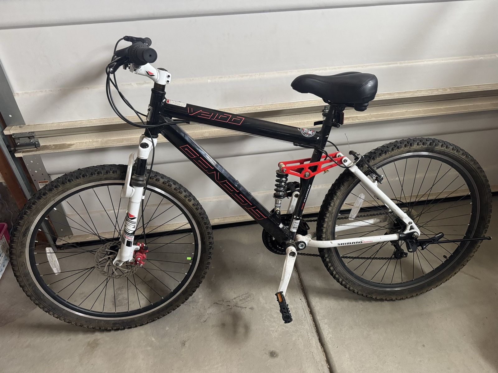 Genesis V2100 Black/Red/White Full Suspension Mountain Bike - Shimano Equipped