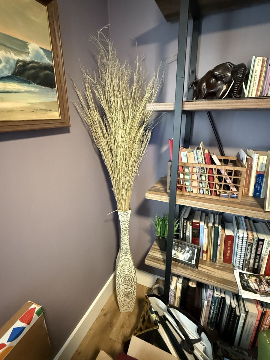 Tall Decorative Floor Vase with Dried Grasses - White & Gold Carved Design Home Decor