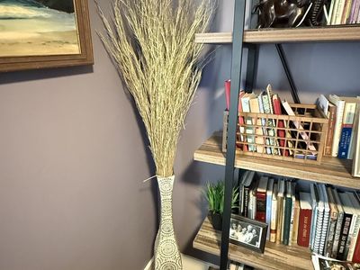 Tall Decorative Floor Vase with Dried Grasses - White & Gold Carved Design Home Decor