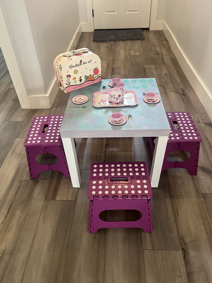 Children's Play Table with 4 Stools and Boutique Tin Tea Set