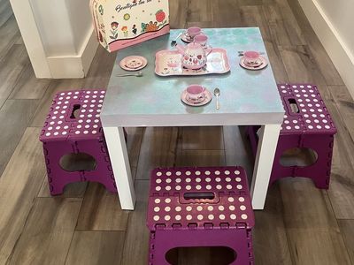 Children's Play Table with 4 Stools and Boutique Tin Tea Set