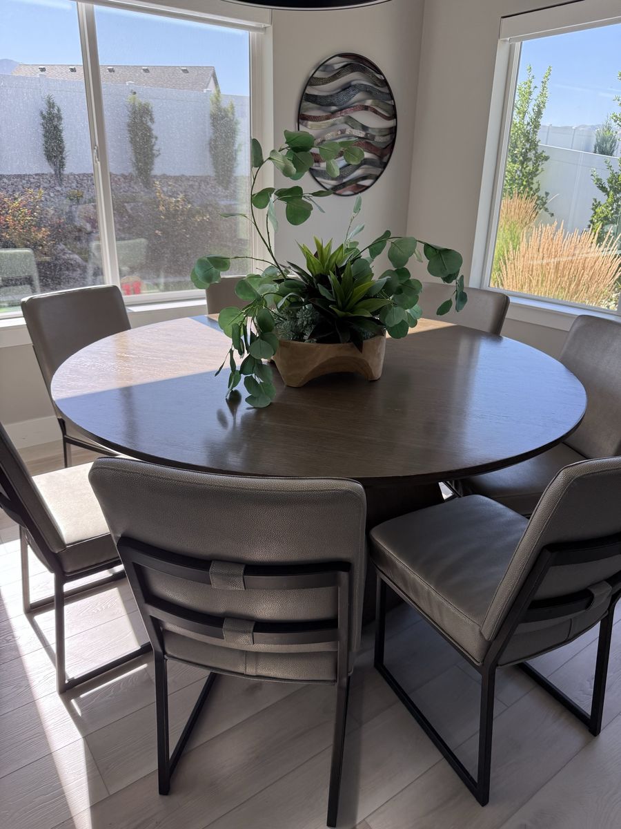 60 in Round Wood Dining Table & 7 Leather Upholstered Chairs - Modern Minimalist Design