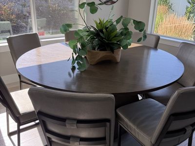 60 in Round Wood Dining Table & 7 Leather Upholstered Chairs - Modern Minimalist Design