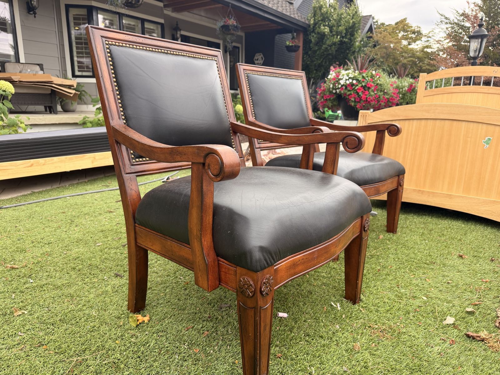 Pair of Vintage Wood & Black Leather Armchairs with Nailhead Trim