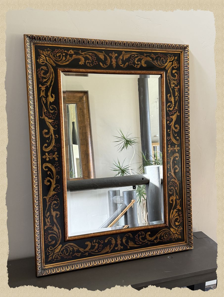 High Quality Beveled Wall Mirror 24in W x 36in H - Item # 23073 w/ Ornate Black/Gold Stenciled Trim (x3 Units Available)