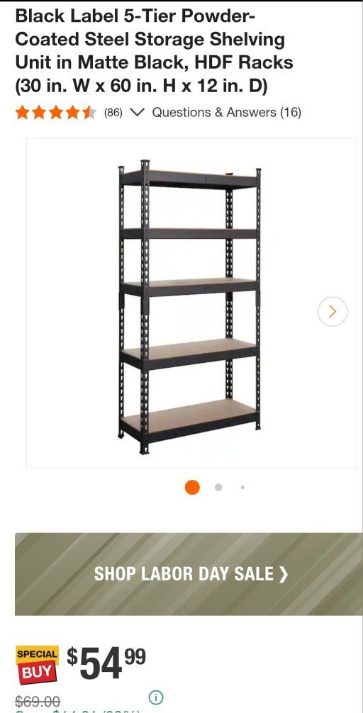 Black Label 5-Tier Powder-Coated Steel Storage Shelving Unit Matte Black 30W x 60H x 12D