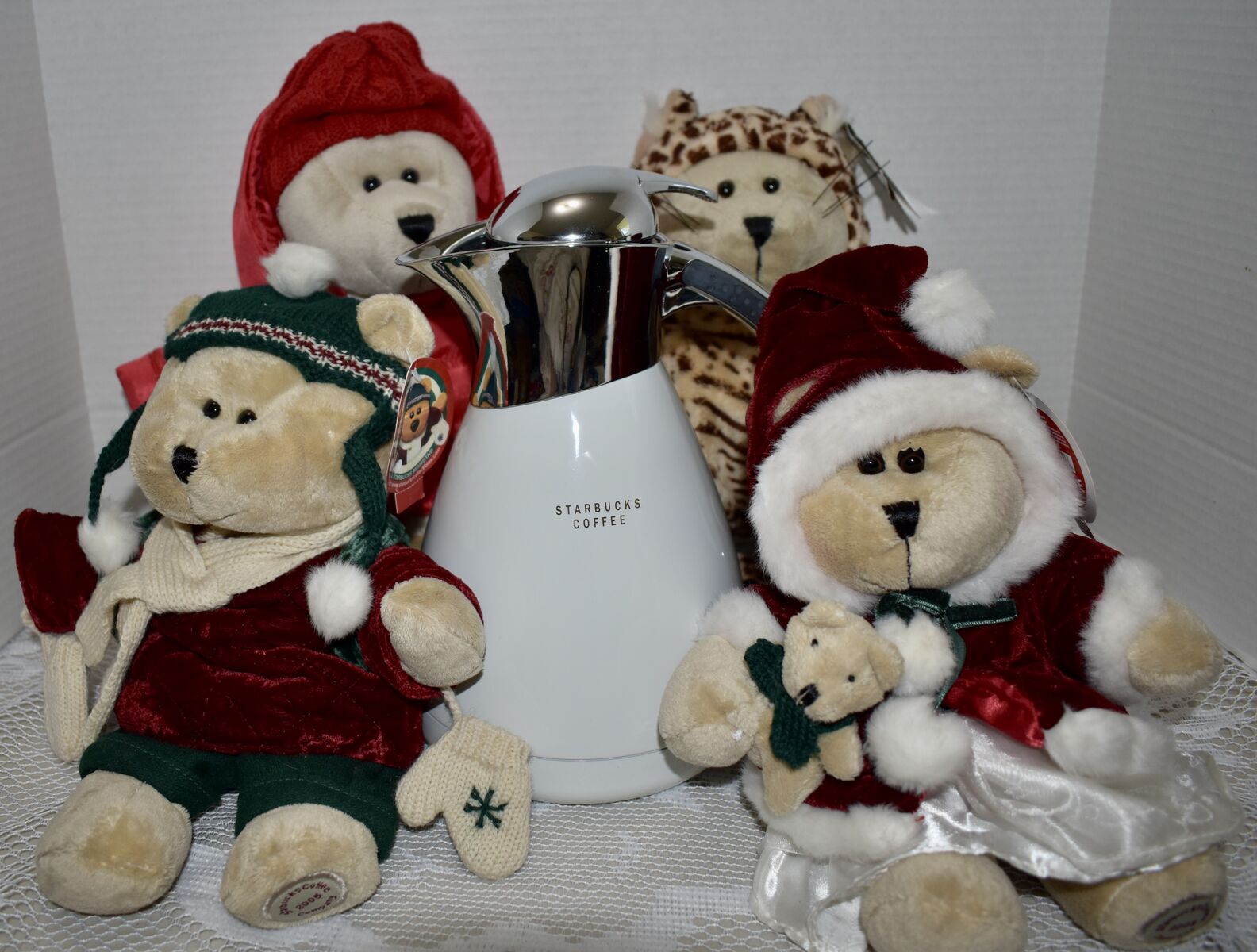 FIVE  ITEMS - Four (4 ) Collectible 2005 / 06 Starbucks Bearista Bears And One Coffee Pot All Sold Together As A Lot