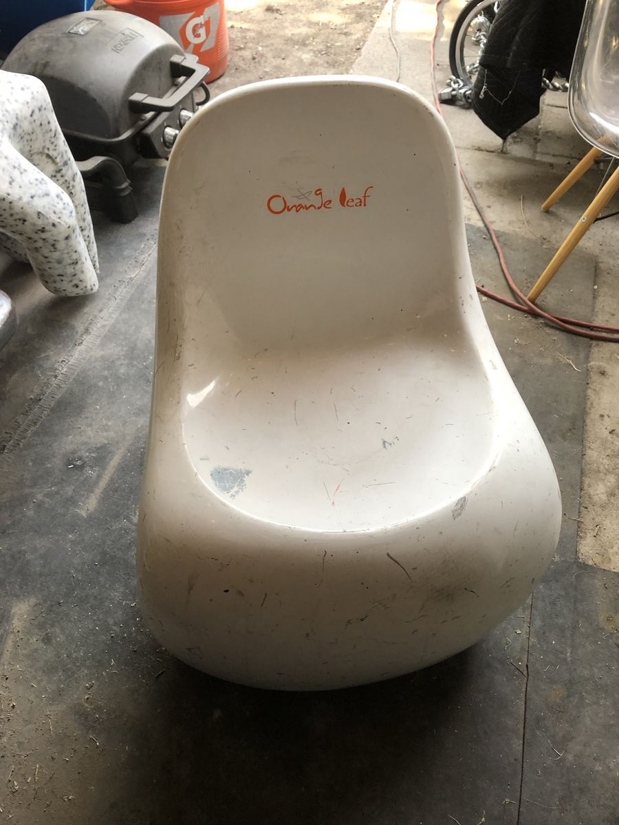 Vintage White Molded Plastic Accent Chair with Orange Leaf Branding