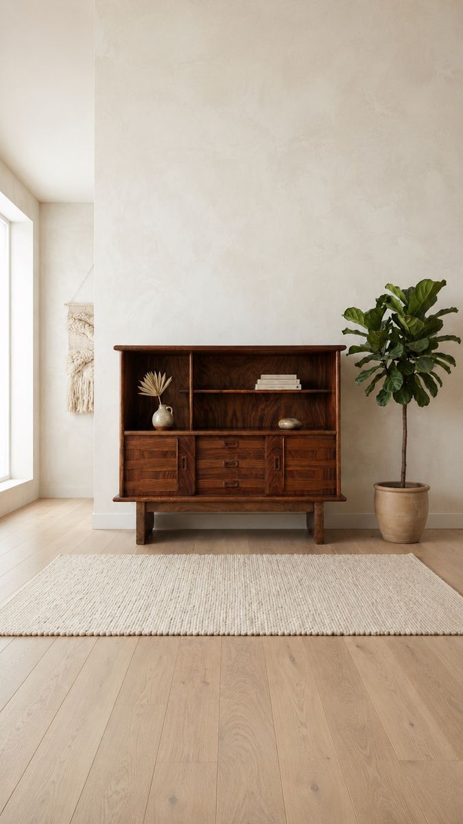 Vintage Mid Century Japanese Wood Veneer Credenza Sideboard Cabinet Display Hutch w/Sculptural Facade, Sliding Front Doors, 3 Ce