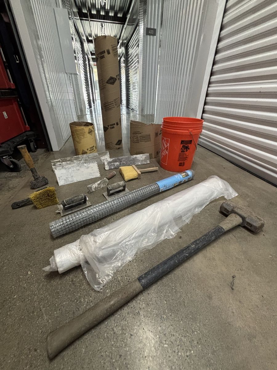 Assorted Construction Tools Lot - Brushes, Trowels, Hammer, Wire Mesh, & Concrete Form Tubes