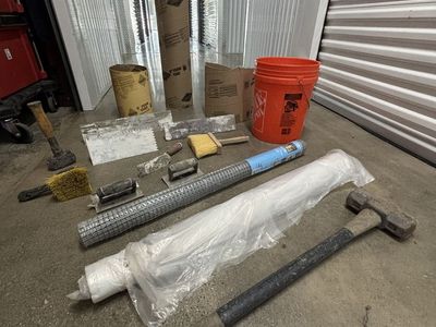 Assorted Construction Tools Lot - Brushes, Trowels, Hammer, Wire Mesh, & Concrete Form Tubes