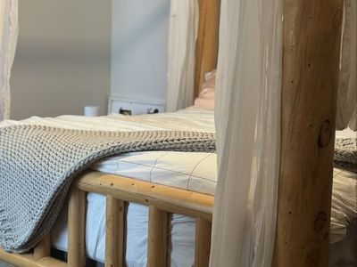Rustic Log Wood Canopy Bed Frame with Post and Rail Design