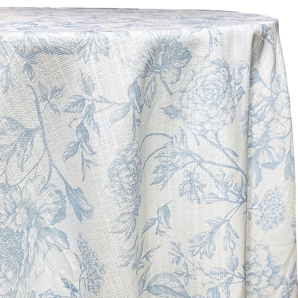 14 Round Tablecloths - Blue and White Floral Botanical Wildflower Print | 150 matching linen napkins | 120 rattan chargers
