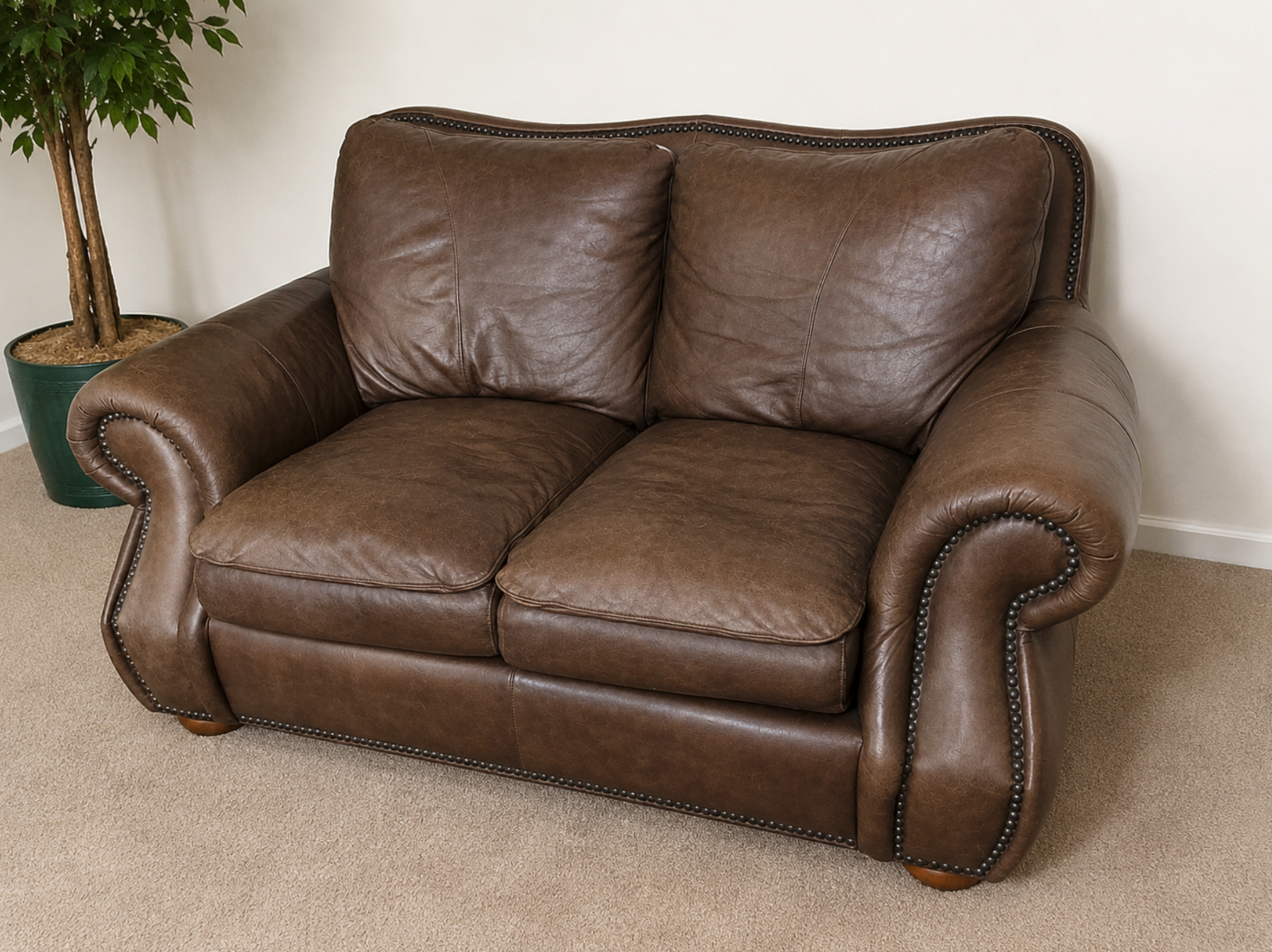 Genuine Brown Leather Loveseat Sofa | Rolled Arms, Nailhead Trim, Rustic Western Style