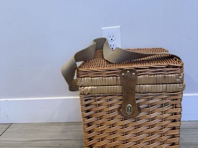 Picnic basket with 2 wine glasses and plates