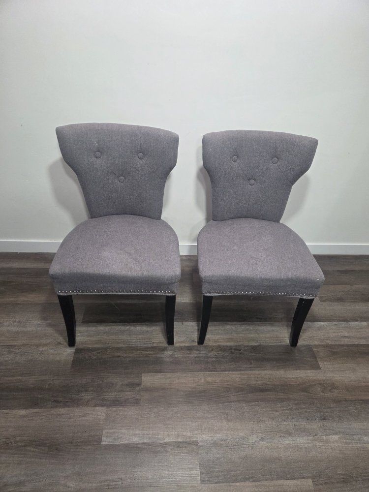 Pair of Gray Upholstered Accent Chairs with Nailhead Trim and Tufted Backs - Elegant Dining/Desk Seating