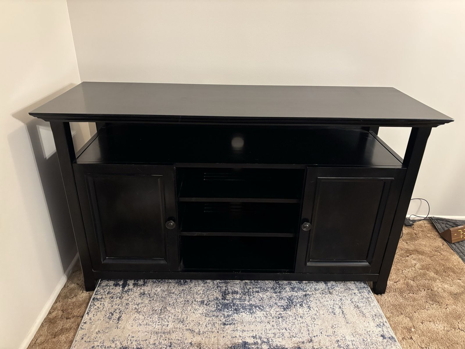 Black Wood TV Stand/Media Console - 2 Cabinets, Open Shelving, Cable Management
