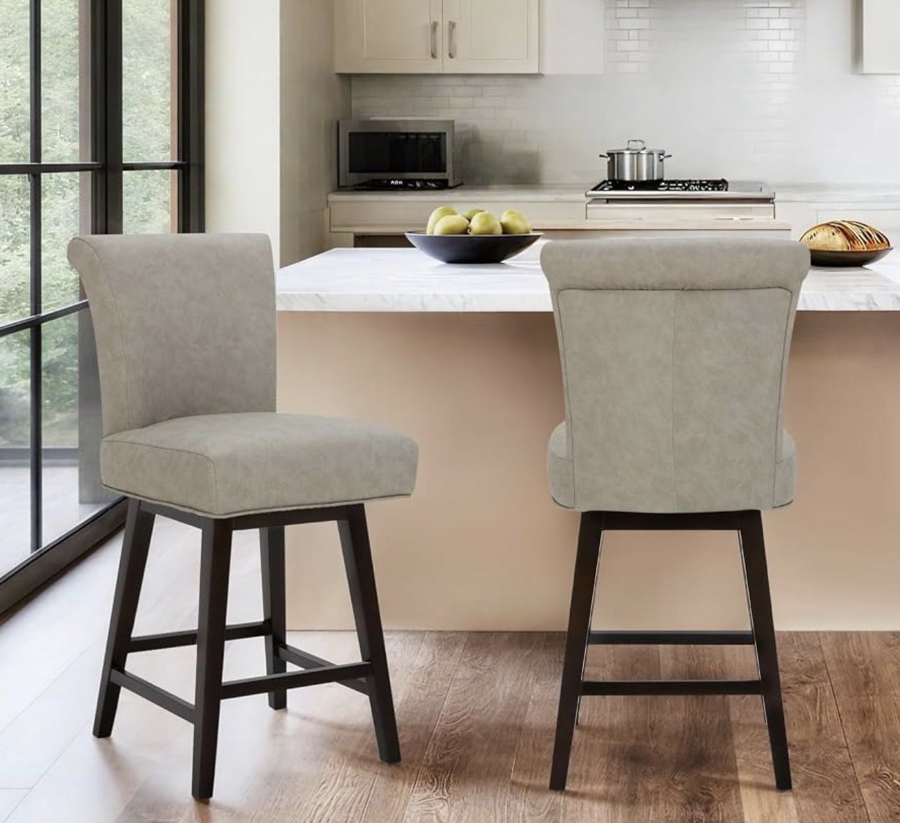 CHITA 26" Counter Height Swivel Bar Stools, Stone Grey Faux Leather, 2-Pack