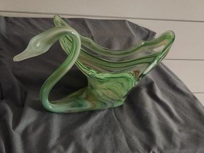 Vintage Murano Style Green Swirl Art Glass Swan Bowl Centerpiece