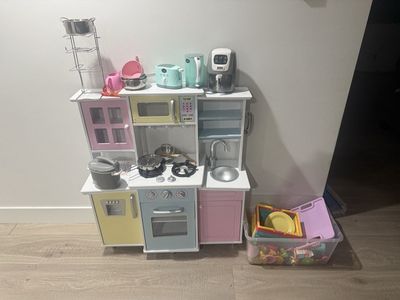 Wooden Play Kitchen Set with Accessories, Pots, and Play Food