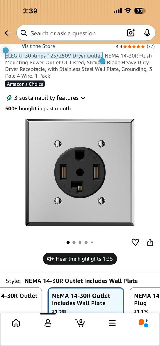 ELEGRP 30 Amps 125/250V Dryer Outlet