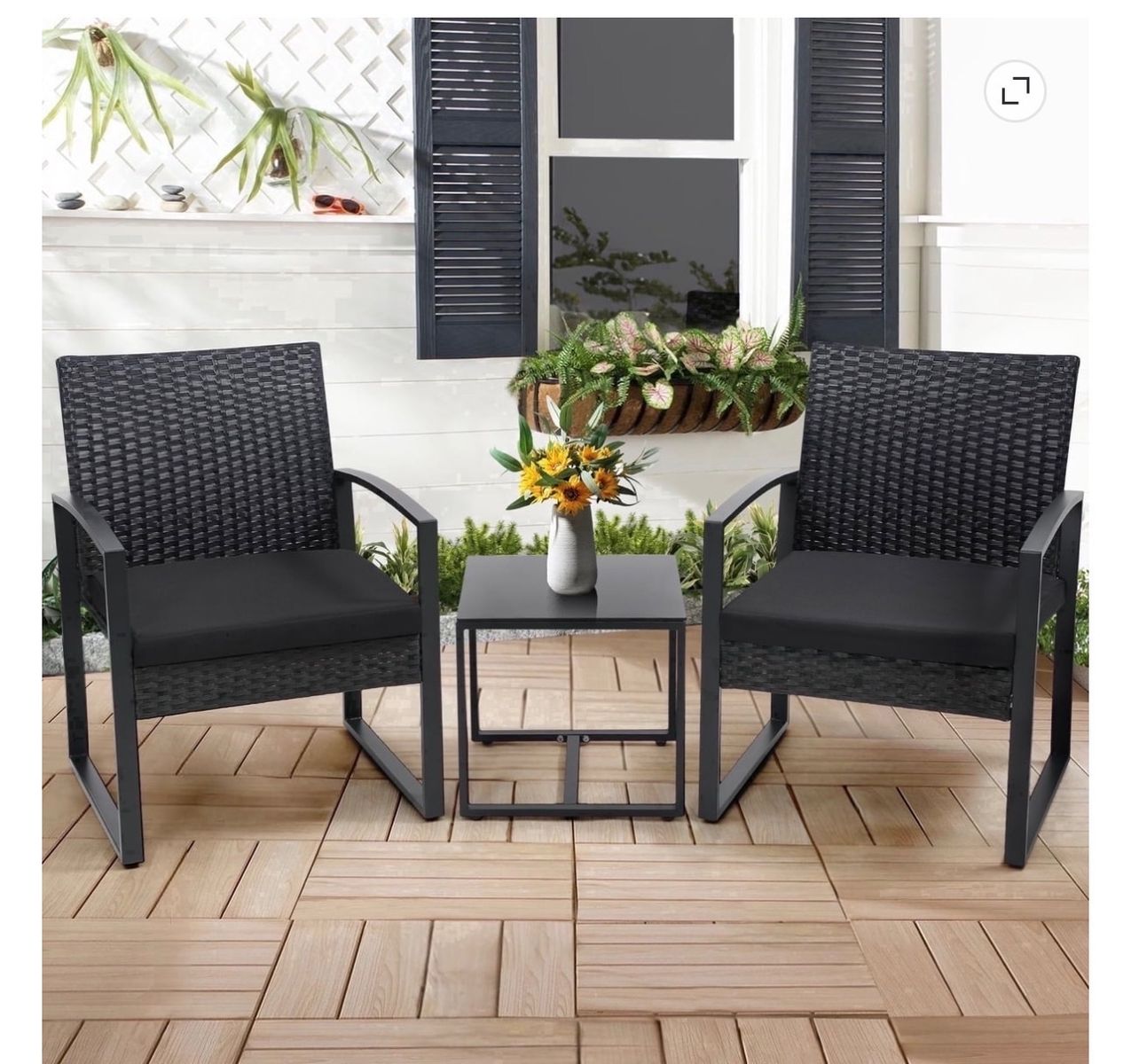 UV Treated Rattan Patio Bistro Set - 2 Armchairs & Coffee Table (Black)