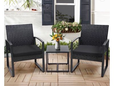 UV Treated Rattan Patio Bistro Set - 2 Armchairs & Coffee Table (Black)
