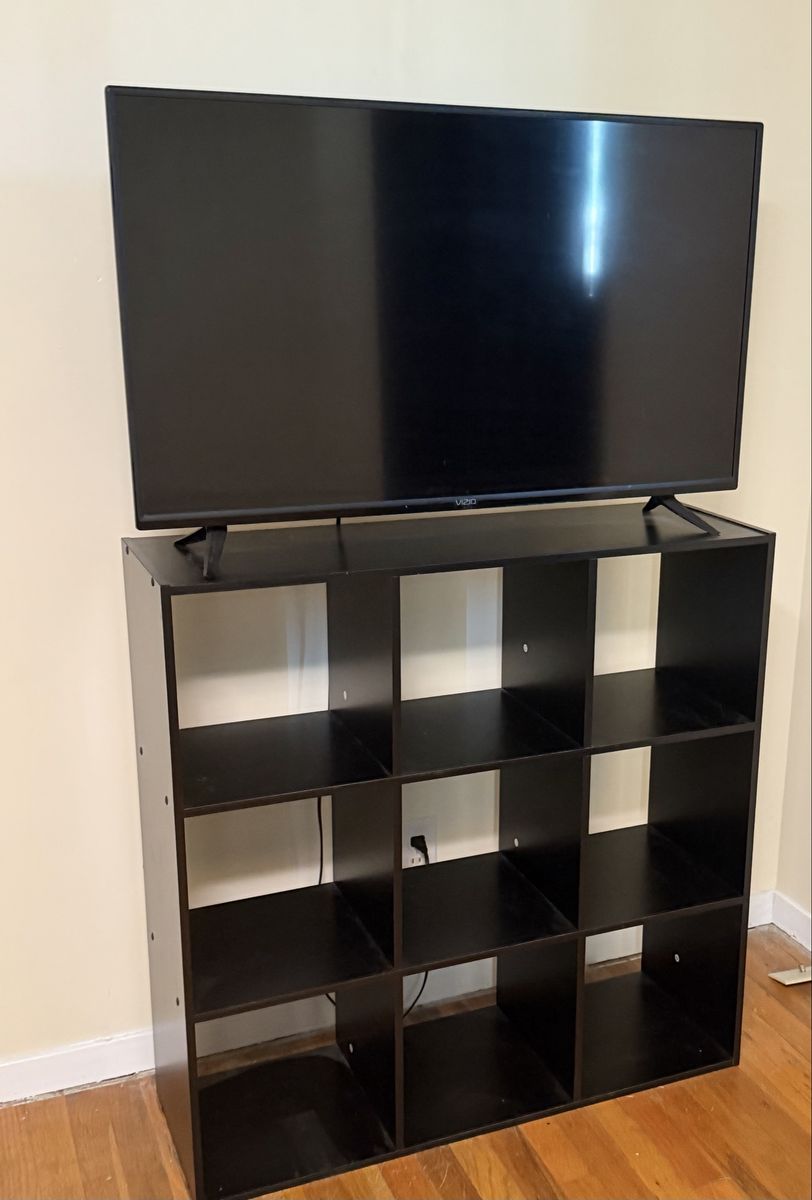 Vizio Smart TV and Black Cube Storage Shelf