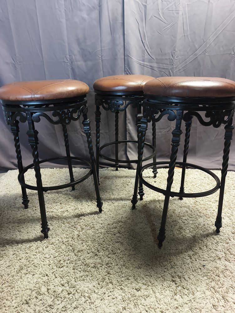 Set of 3 Wrought Iron & Brown Leather Swivel Bar Stools - Ornate Twisted Legs