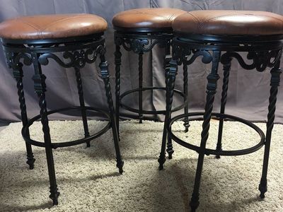 Set of 3 Wrought Iron & Brown Leather Swivel Bar Stools - Ornate Twisted Legs