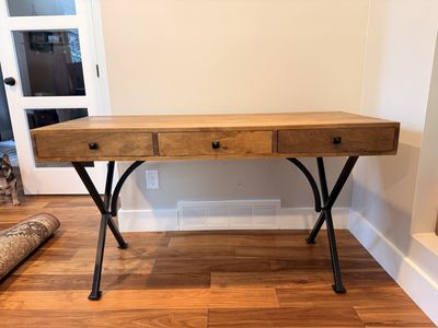 Rustic Industrial Wood Desk with 3 Drawers and Metal X-Base, Study Table, Entryway Console.