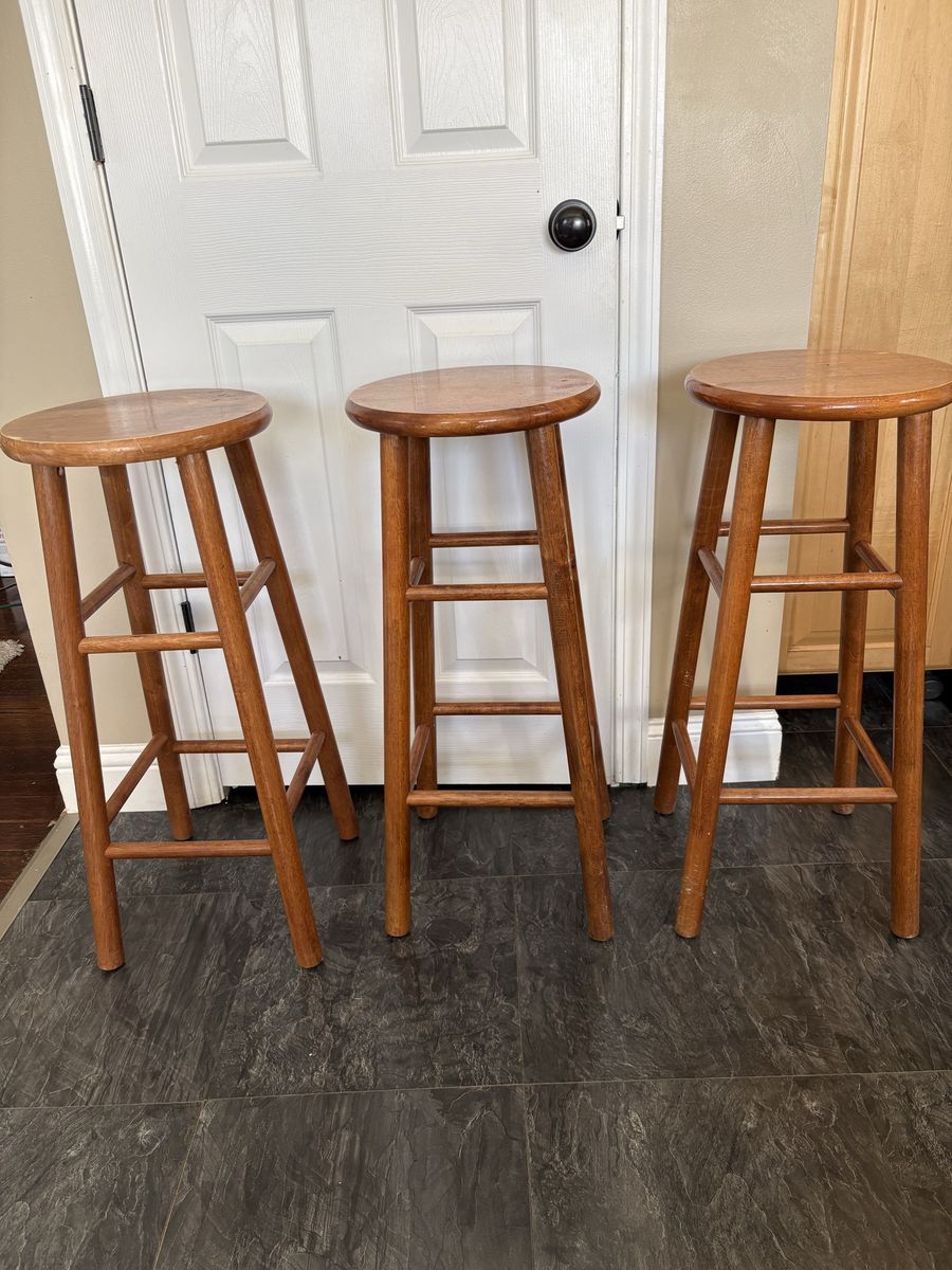 Set of 3 Wooden Bar Stools - Medium Brown Finish