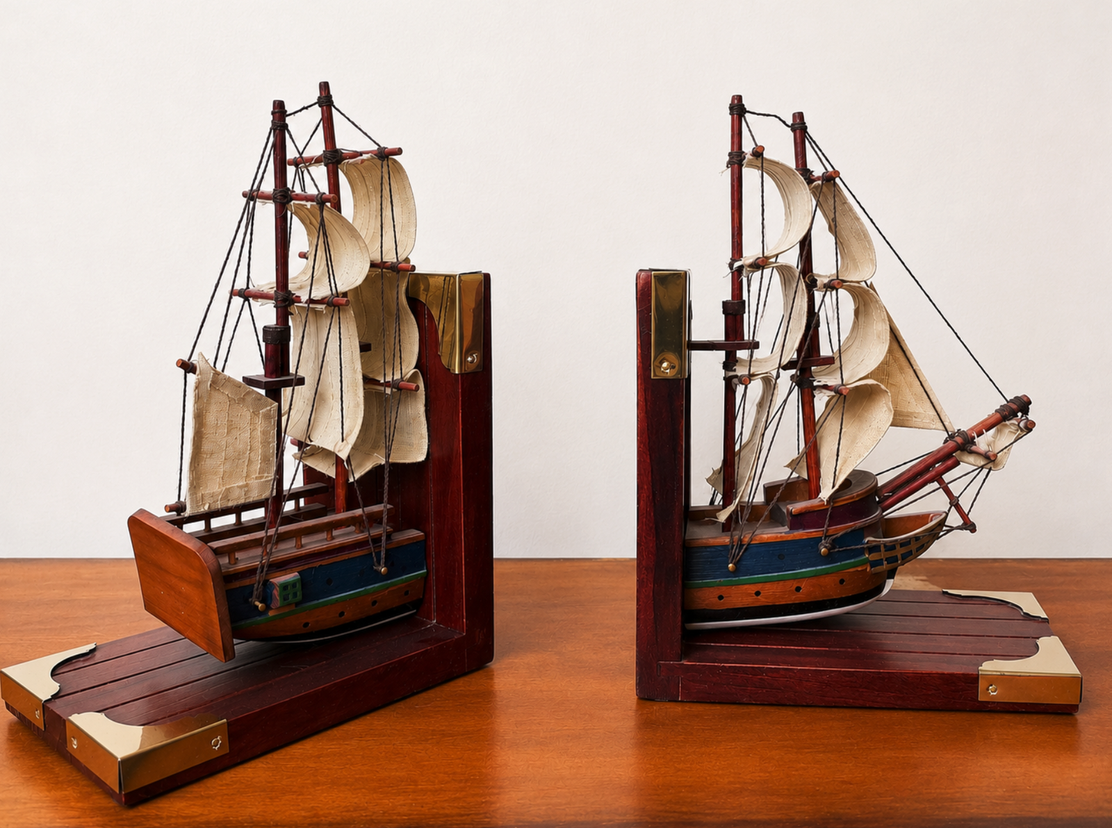 Vintage Wooden Sailing Ship Bookends Set – Nautical Maritime Decor Book Ends Pair – Wood & Canvas Sailboat Book Holders