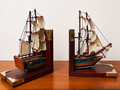 Vintage Wooden Sailing Ship Bookends Set – Nautical Maritime Decor Book Ends Pair – Wood & Canvas Sailboat Book Holders