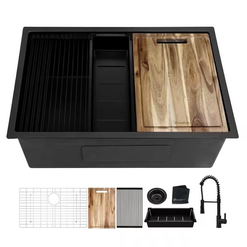Undermount Single Bowl 18 Gauge Black Stainless Steel Workstation Kitchen Sink, Spring Neck Faucet