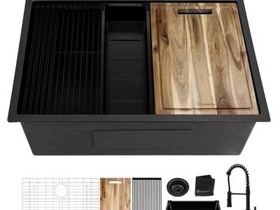Undermount Single Bowl 18 Gauge Black Stainless Steel Workstation Kitchen Sink, Spring Neck Faucet