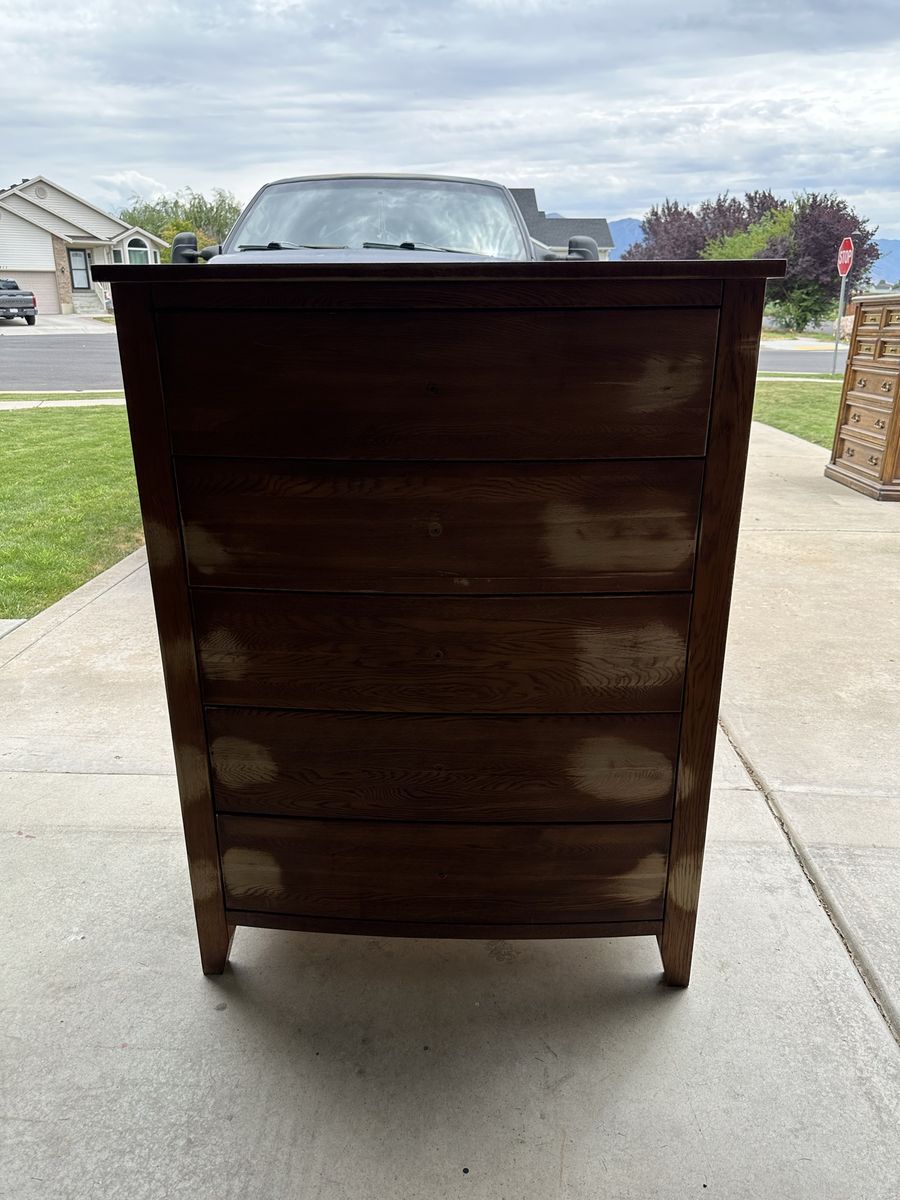 Used Dark Wood 5-Drawer Dresser - Damaged Finish, Solid Construction