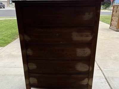 Used Dark Wood 5-Drawer Dresser - Damaged Finish, Solid Construction