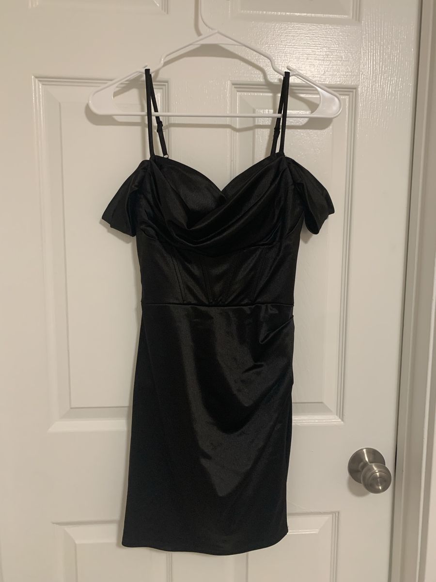 Dillards Black Satin Mini Dress Cowl Neck off the shoulder Size S