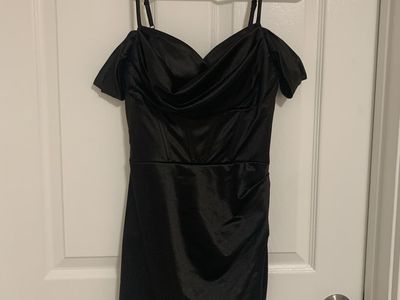 Dillards Black Satin Mini Dress Cowl Neck off the shoulder Size S