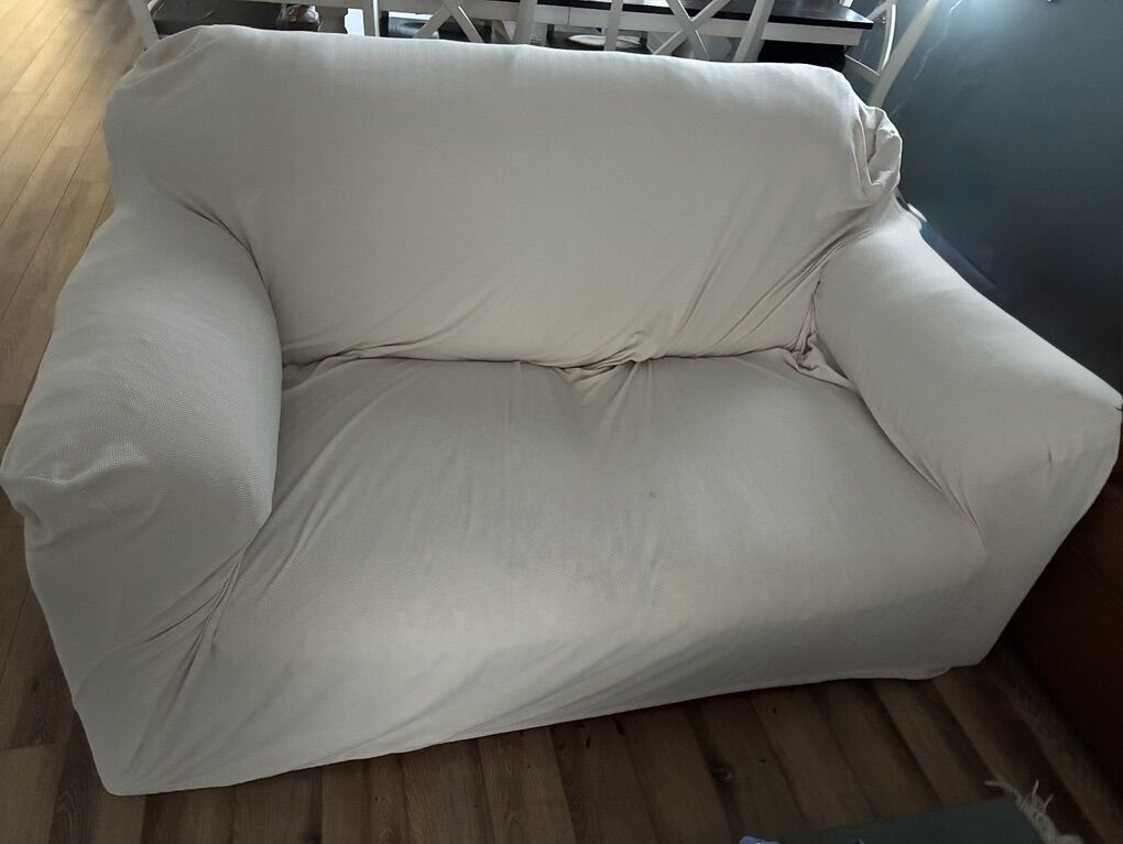 Red Leather Couch (Loveseat) W/ Ivory Cover