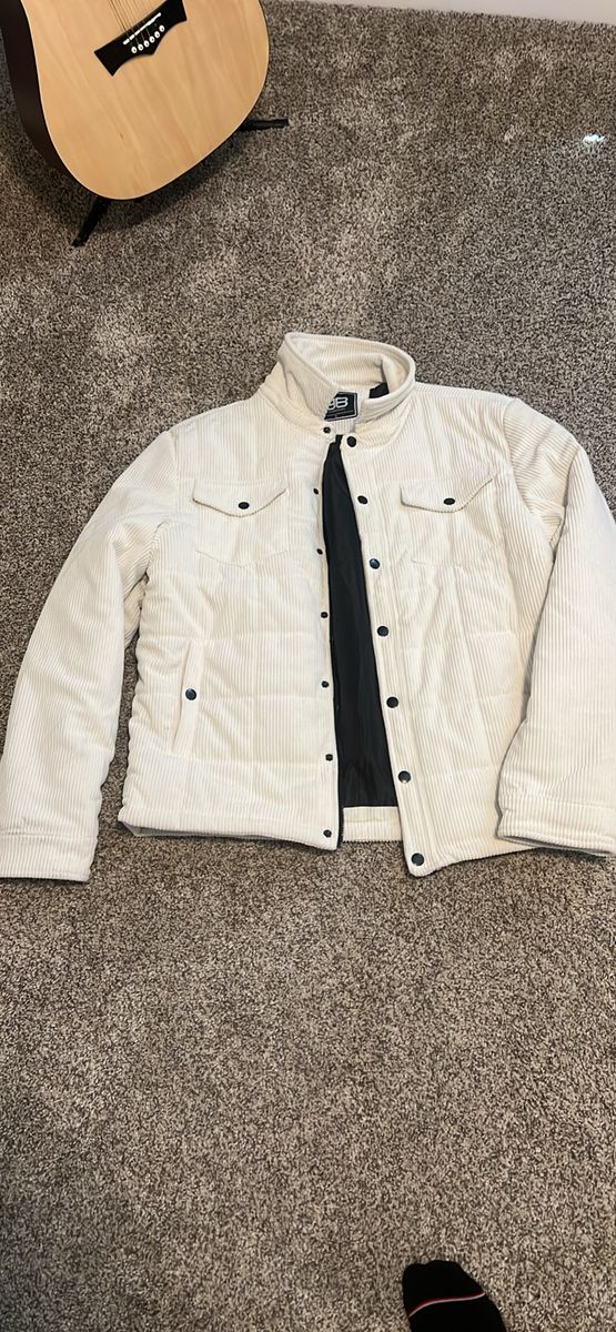 BB Men's Cream Corduroy Quilted Puffer Jacket with Nylon Lining - Size Large