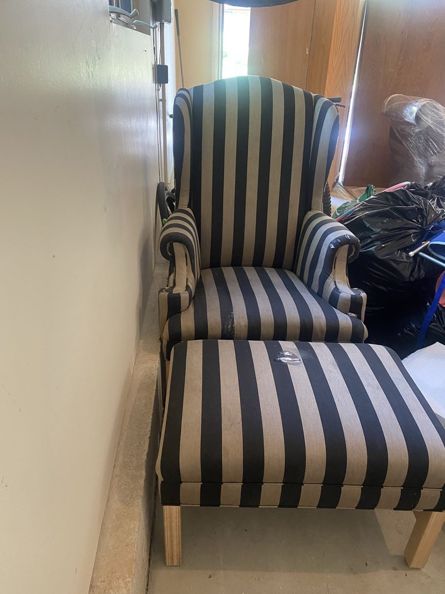 Black and Tan Striped Wingback Chair with Matching Ottoman - Needs Reupholstering