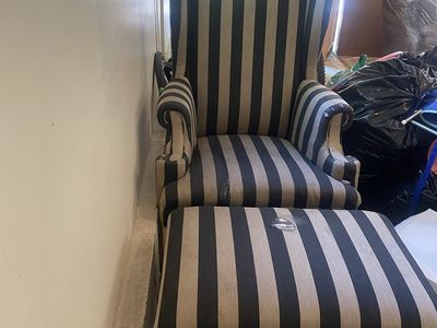 Black and Tan Striped Wingback Chair with Matching Ottoman - Needs Reupholstering
