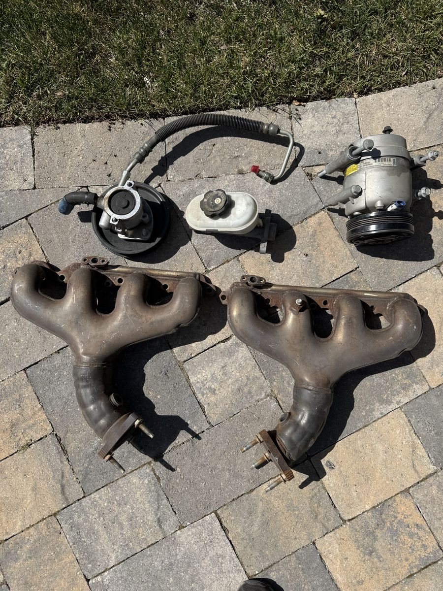 LS Corvette compressor, exhaust manifolds, power steering pump, brake master cylinder.