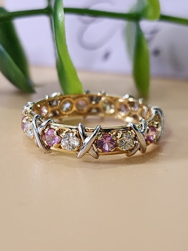 K18 Gold Diamond & Pink Sapphire Eternity Band Ring D0.55 SP0.55 - XOXO Design size 7