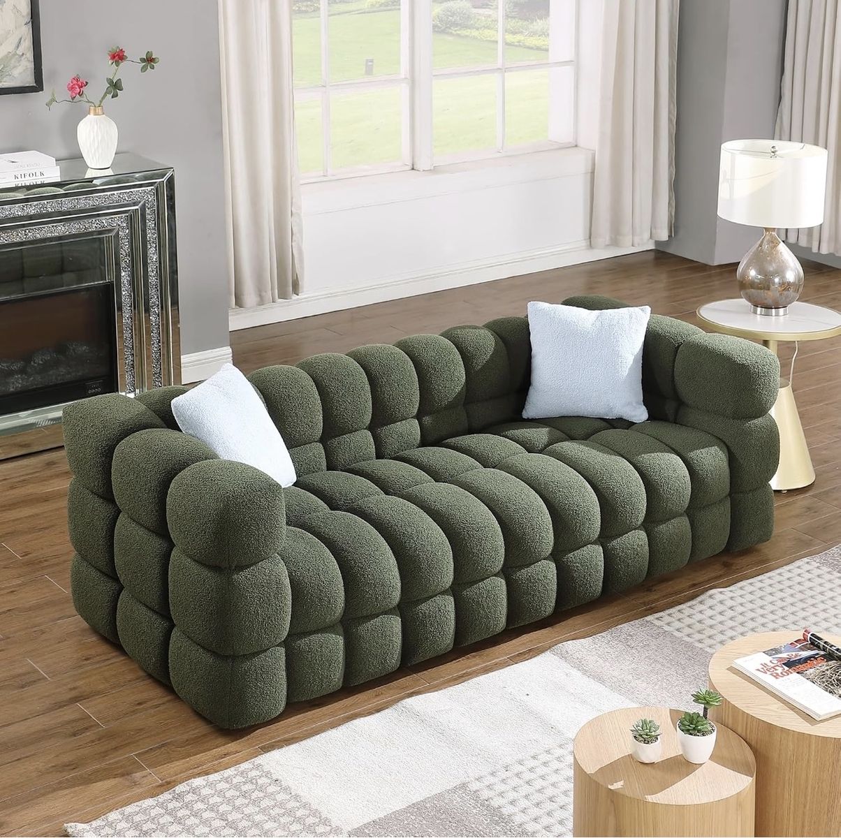 Modern Boucle Sofa 3-Seater Upholstered Marshmallow Couch with Square Arms and Pillows brand new still in box