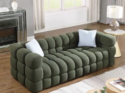 Modern Boucle Sofa 3-Seater Upholstered Marshmallow Couch with Square Arms and Pillows brand new still in box