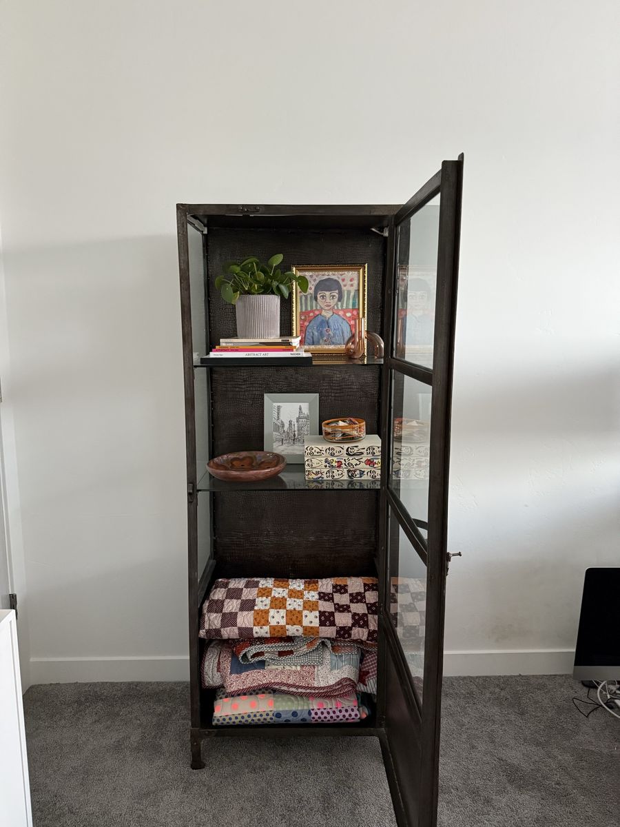 Vintage industrial tall metal & glass cabinet