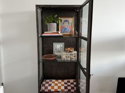 Vintage industrial tall metal & glass cabinet